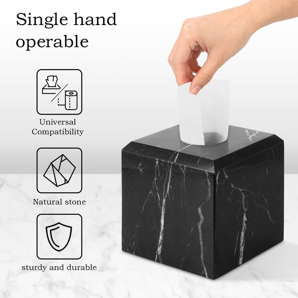 Natural Marble Square Tissue Box Cover ,Stone Modern Decorative Sturdy Napkin Box Holder Case,Facial Paper Organizer for Bathroom Vanity Toilet Countertop,Kitchen (1, Black Marquina, 5.71*5.71*5.51)