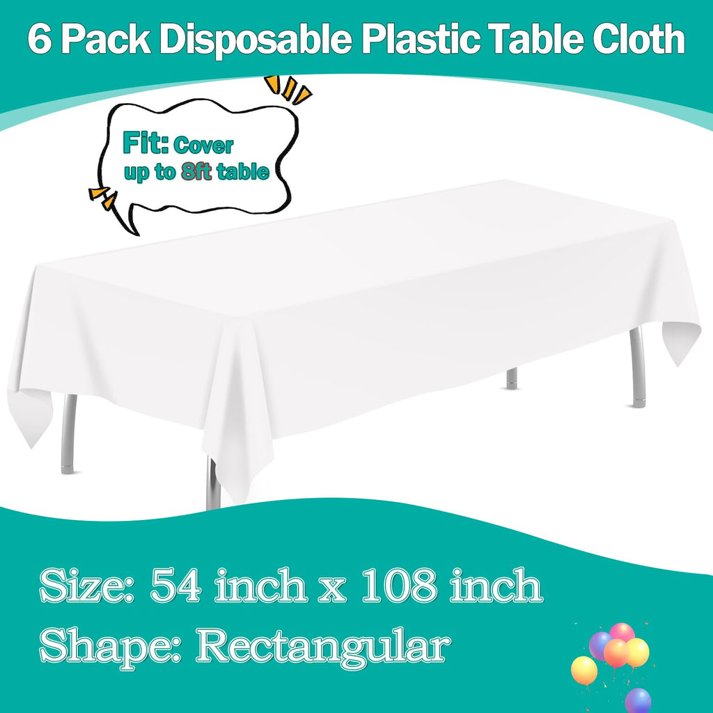 tujol White 6 Pack Plastic Table Cloth 54" x 108", Disposable Tablecloths Rectangle Table Cover, Plastic Tablecloths for Parties