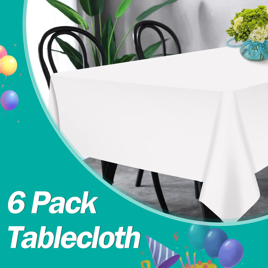 tujol White 6 Pack Plastic Table Cloth 54" x 108", Disposable Tablecloths Rectangle Table Cover, Plastic Tablecloths for Parties