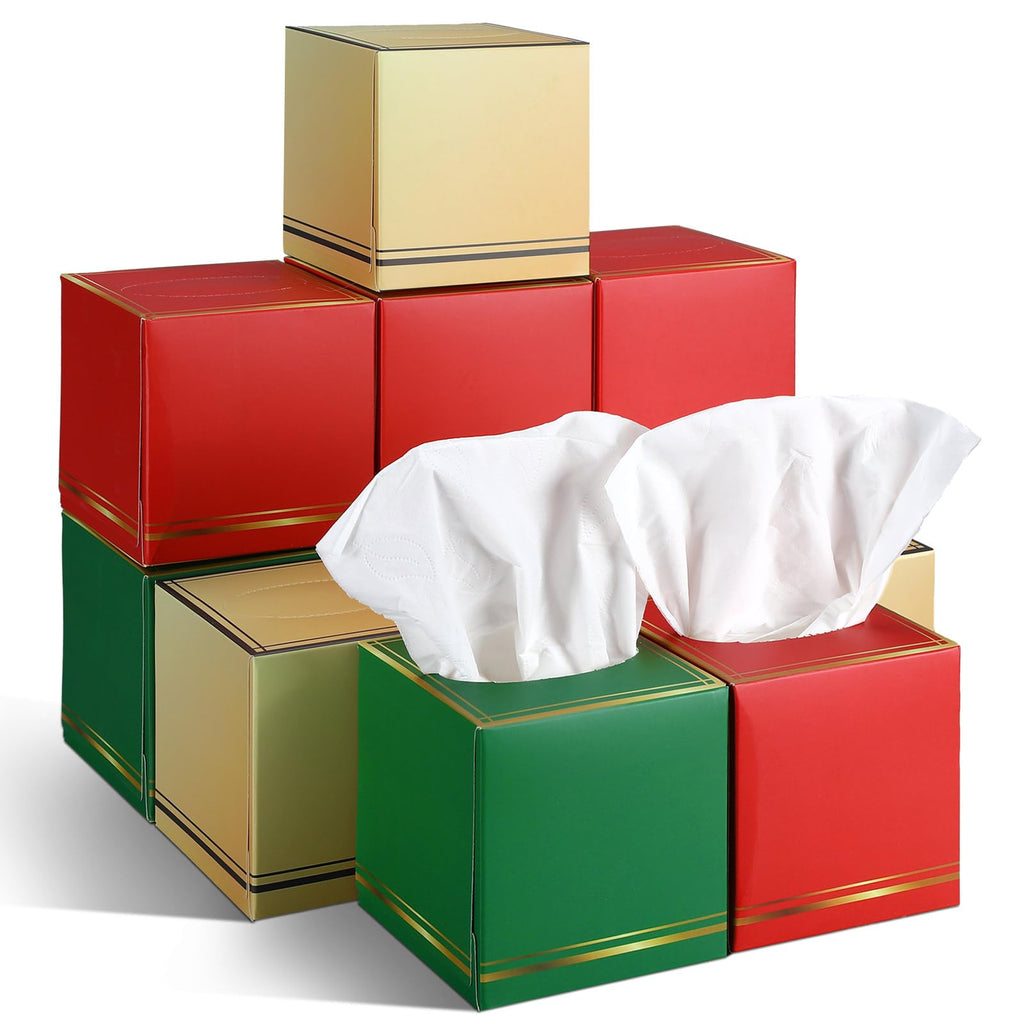 Fourluoo 12 Pack Facial Tissues Cube Boxes Face Box 600 Sheets 3 Ply Soft Paper Square Tissues Bulk for Car Pocket Toilet Household Bedroom Family(Red Green Gold)