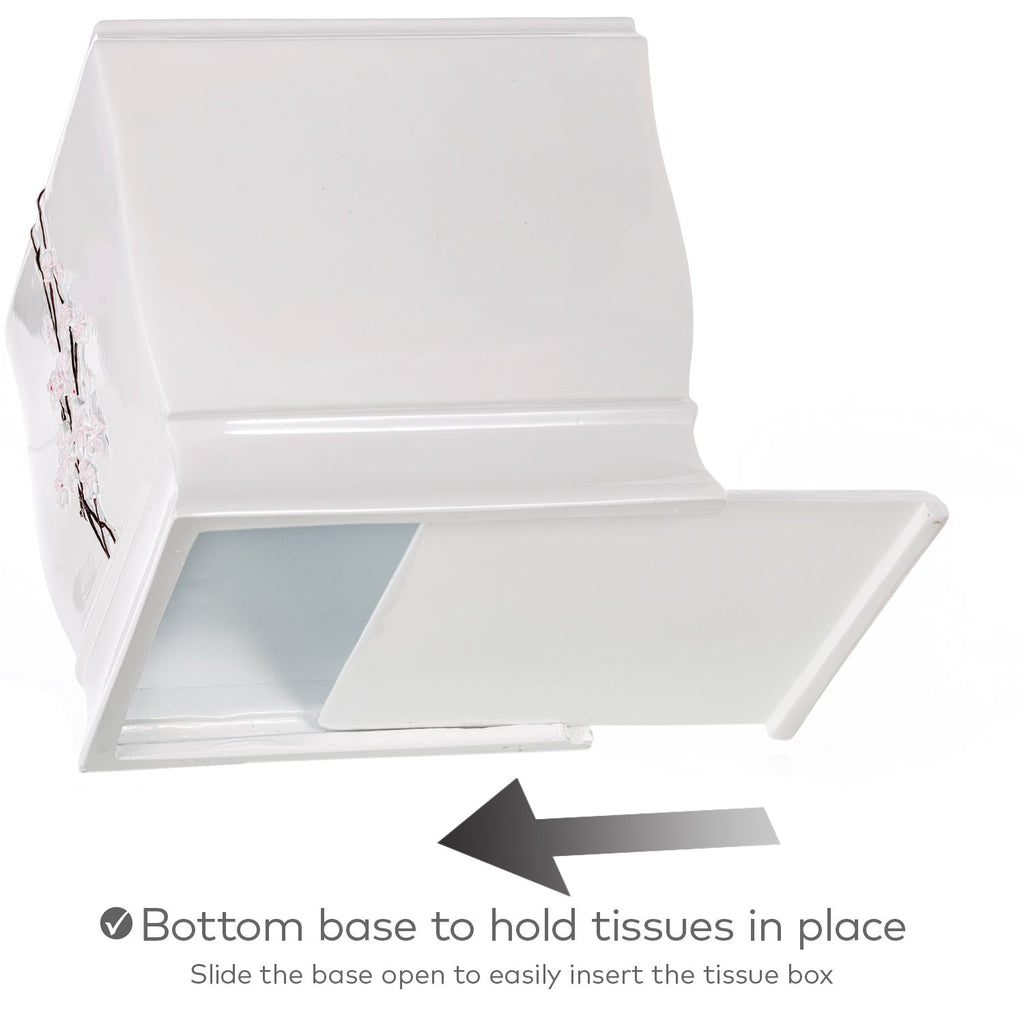 Vanda Cherry Blossom White Square Resin Tissue Box Cover with Bottom Slider
