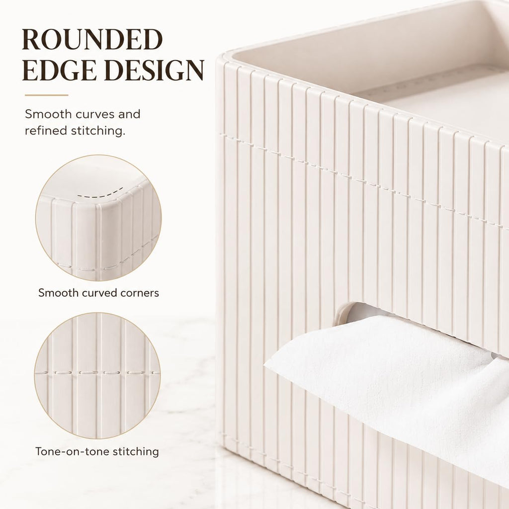 KINGFOM Ribbed PU Leather Tissue Box Cover with Storage Tray, Rectangular Facial Tissue Holder for Bathroom Vanity, Nightstand & Office Desk, Modern Decorative Tissue Dispenser (Ivory White)