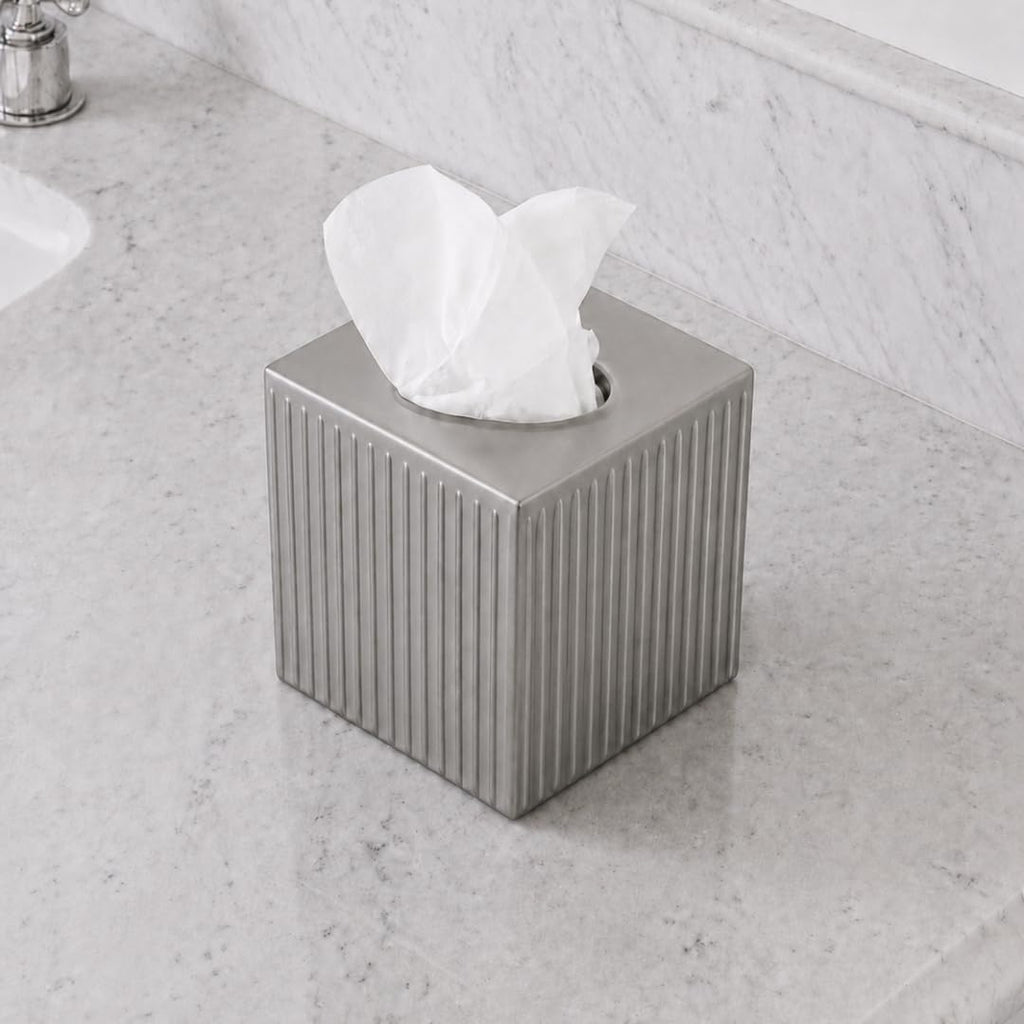 Monarch Abode Tissue Box Cover Square – Handcrafted Ridge Embossed Pewter Metal Tissue Holder Box for Bathroom Accessory, Aesthetic Decorative Facial Napkin Cube for Modern Home Decor