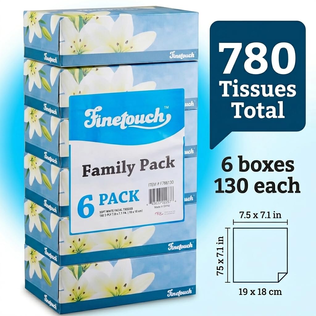 Finetouch Facial Tissues Boxes Bulk, Soft 2-Ply, 130 Sheets, 6 Pack