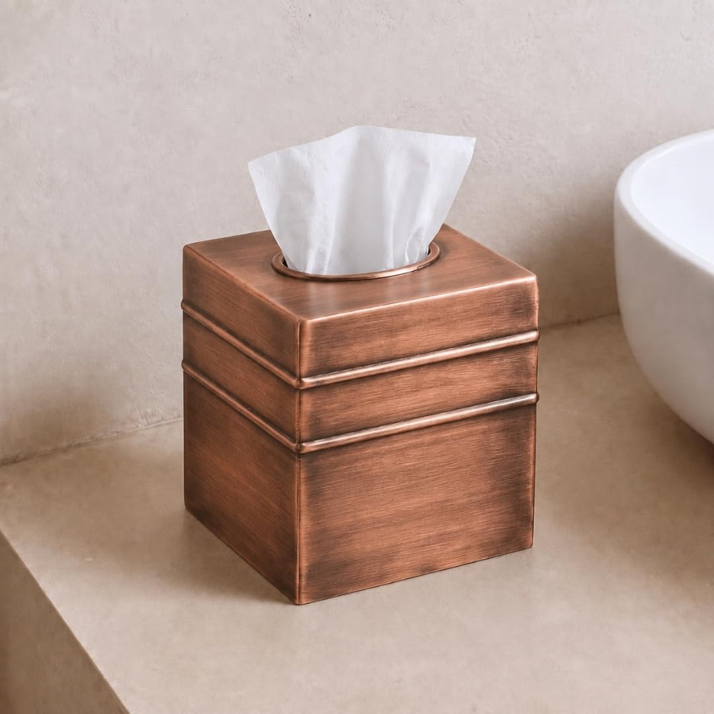 Monarch Abode Tissue Box Cover Square – Handcrafted Border Embossed Antique Copper Metal Tissue Holder Box for Bathroom Accessory, Aesthetic Decorative Facial Napkin Cube for Modern Home Decor