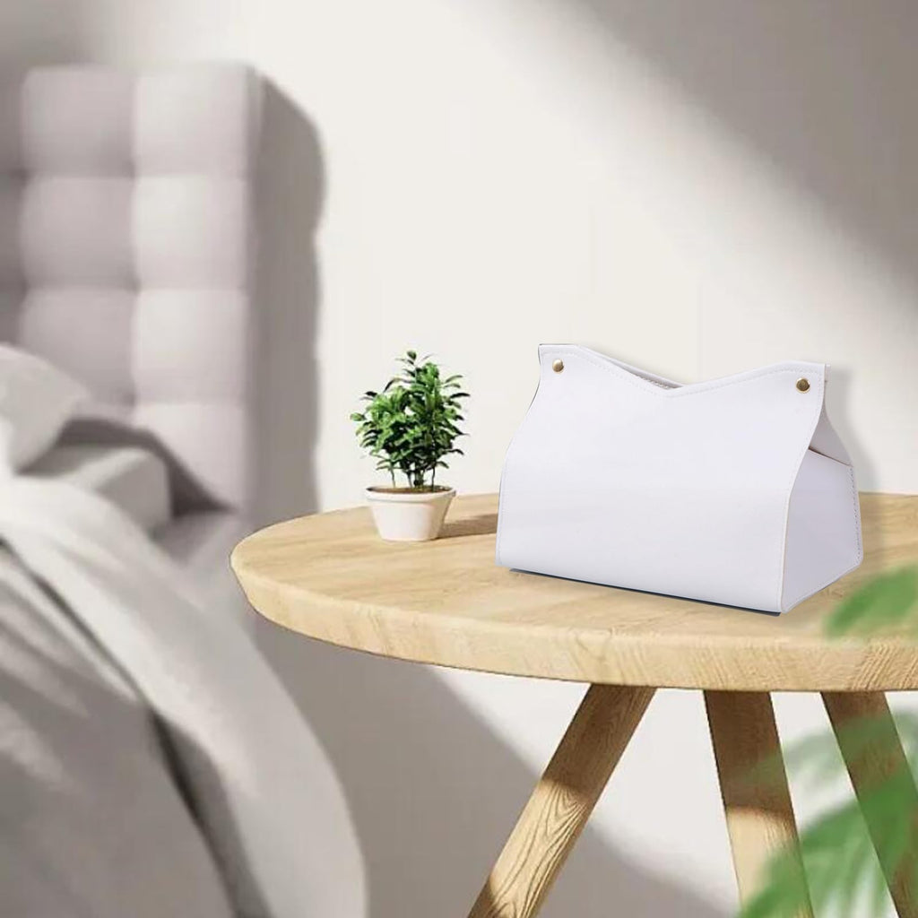 Aguoqwen 1PCS PU Leather Tissue Box Cover, Rectangle Facial Paper Organizer Dispenser, Modern Tissue Case Holder for Vanity Countertop Nightstands Living Room Office Desk Car (White)