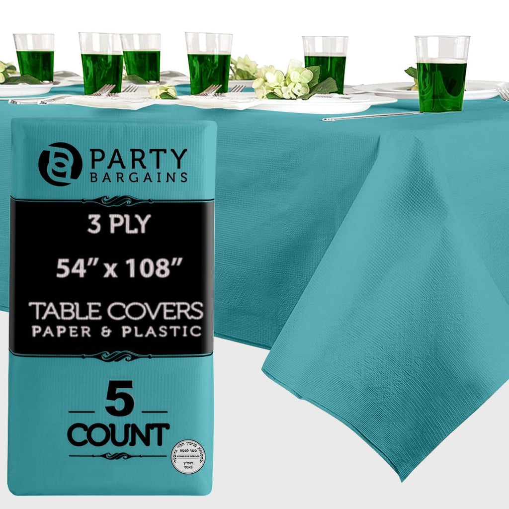 PARTY BARGAINS 5 Disposable Table Covers - 54" X 108" Turquoise Table Cover, 3 Ply Paper & Plastic Tablecloth