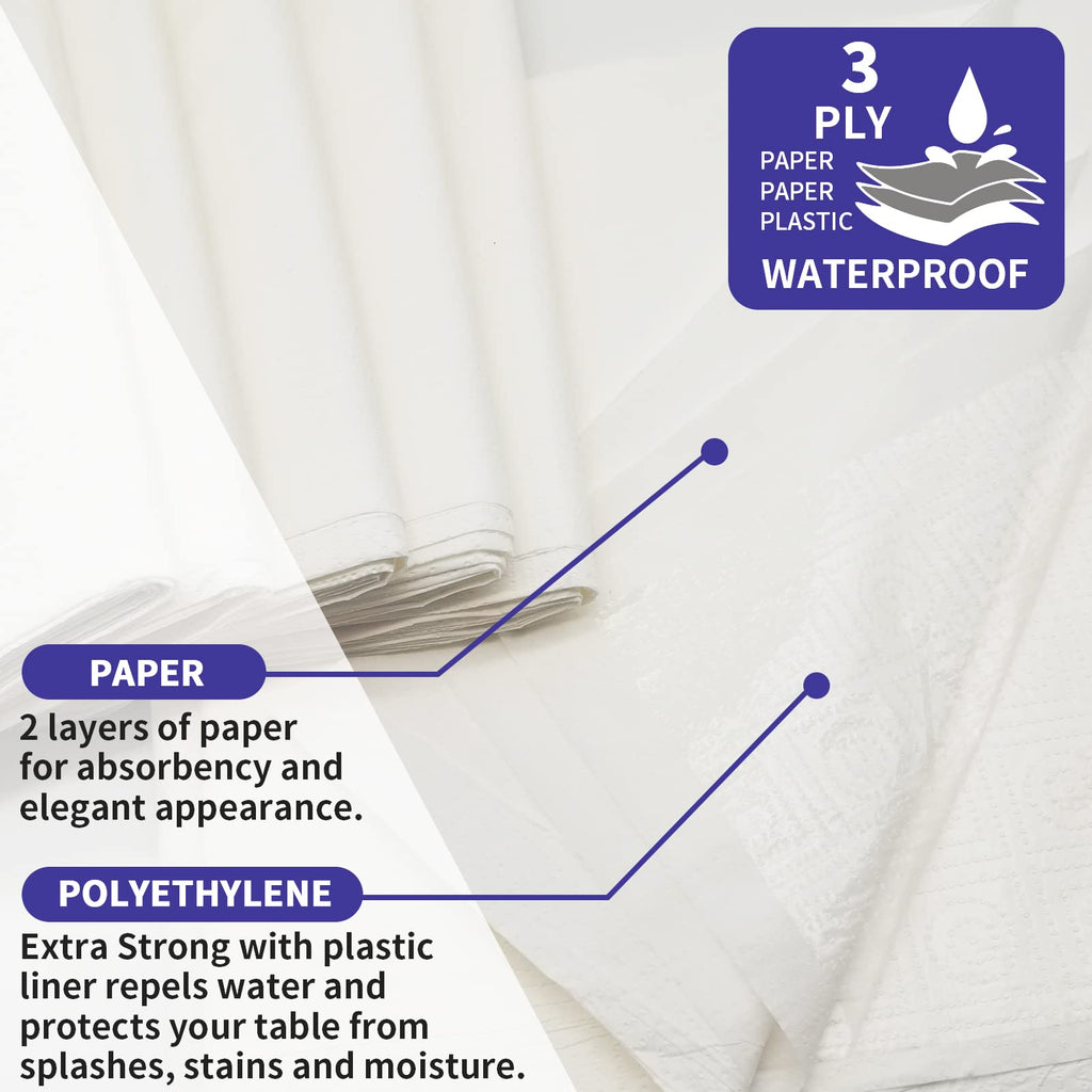 Dozobeede [6 Pack] White Paper Tablecloth Disposable for Rectangle Tables, 54 X 108 Inch Party Table Cover with Plastic Backing, Waterproof 3 Ply Table Cloth for Wedding Labor Day Outdoor Picnic BBQ