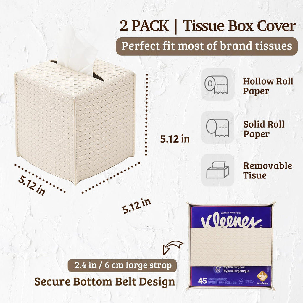 Ricomboo 2 Pack Tissue Box Cover Square, 5“x5 x5 PU Leather Tissue Boxes Holder, Decor Cube Paper Organizer with Bottom Belt for Bathroom, Home, Night Stands, Office, Car (Woven)