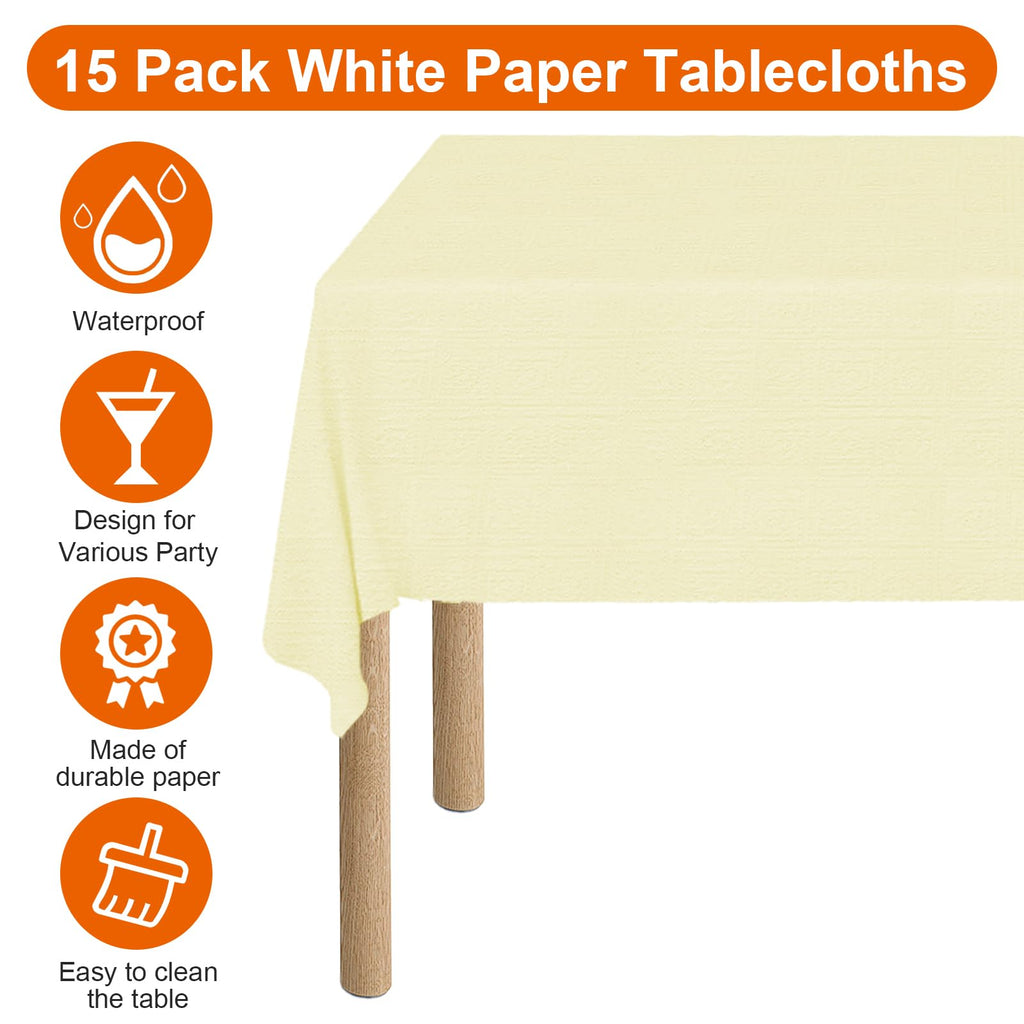 xozeooeu 15 Pack Pale Yellow Paper Tablecloths for Rectangle Tables 55 x 108 Inch, 3 Ply Disposable Table Cloths with Plastic Backing for Wedding, Birthday Party, Banquet