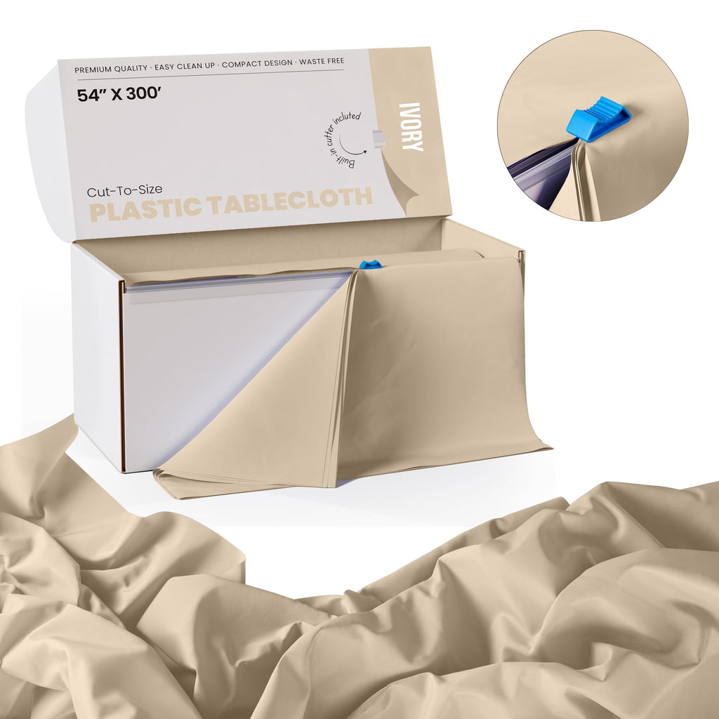 Exquisite Party Solids 54 Inch X 300 Feet Ivory Plastic Table Cover Roll in A Cut - to - Size Box with Convenient Slide Cutter. Cuts Up to 36 Rectangle 8 Feet Plastic Disposable Tablecloths