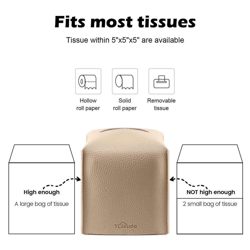 Tissue Box Cover, Tclouda, Modern PU Leather Square Tissue Box Holder for Creative Decorative, Ideal for Bathrooms/Office/Car/Nightstand/Outdoor Tent/Dining Table, 5"X5"X5", Single Beige
