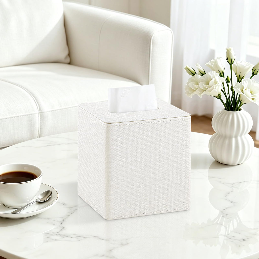 Cretkhp PU Leather Square Tissue Box Cover Tissue Box Holder Cube (Cream)