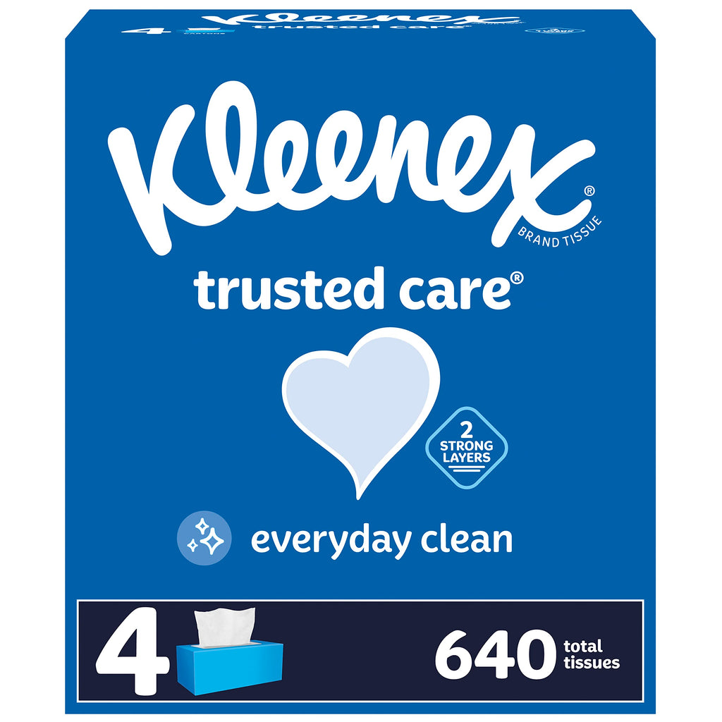 Kleenex Trusted Care Facial Tissues, 4 Flat Boxes, 160 Tissues per Box, 2-Ply (640 Total Tissues)