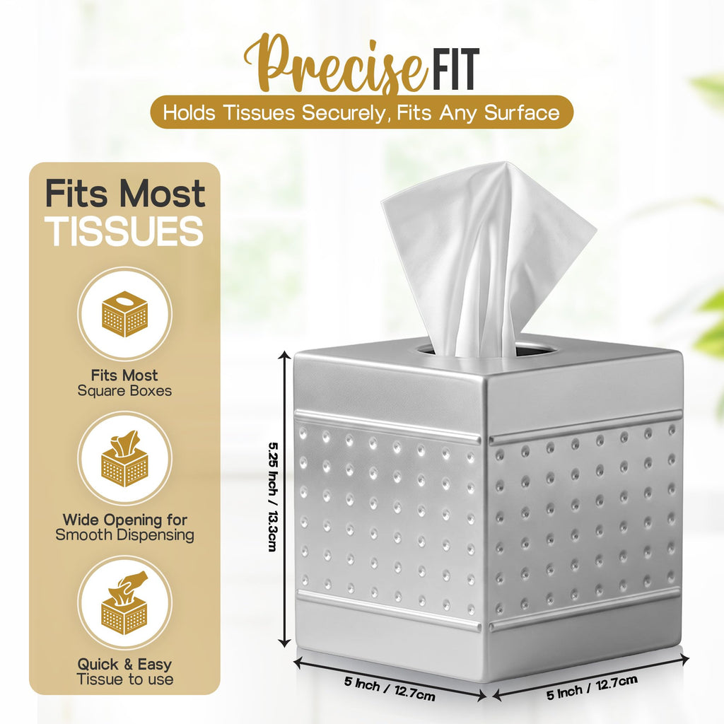 LUXMODE Handmade Metal Silver Tissue Box Cover – Square – 5x5x5.25 Inch – Open Bottom - Modern Tissue Holder for Bathroom, Living Room, Bedroom & Office Décor