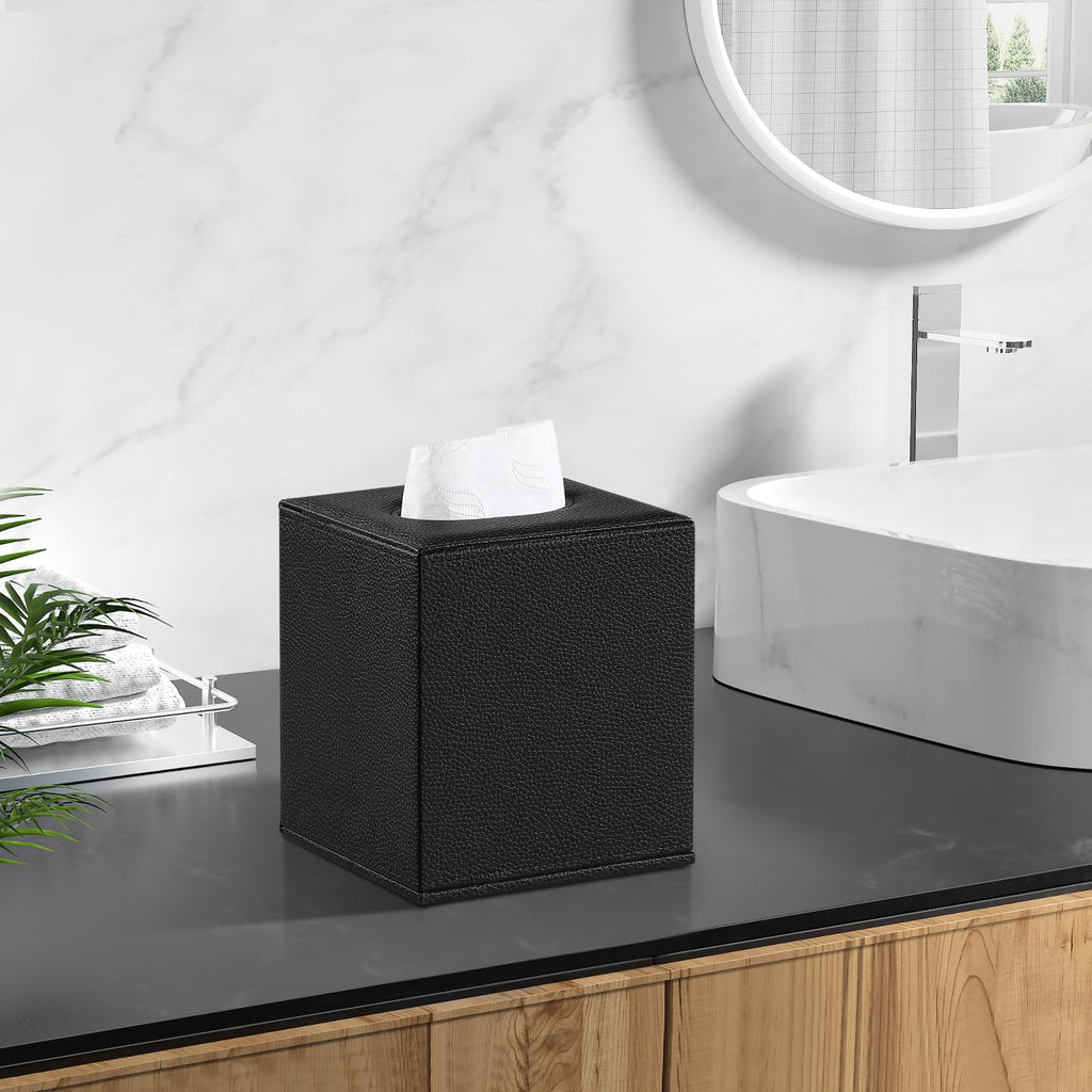 JLAMBOM PU Leather Tissue Box Cover Square Tissue Box Holder (Black)