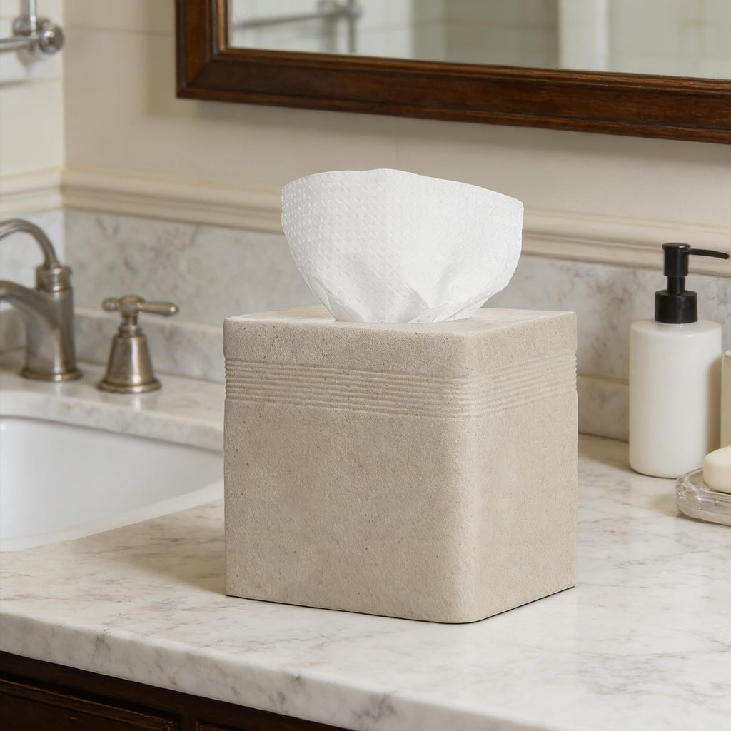 Sand Stone-Look Square Tissue Box Cover, Luxury Beige Cube Tissue Box Case