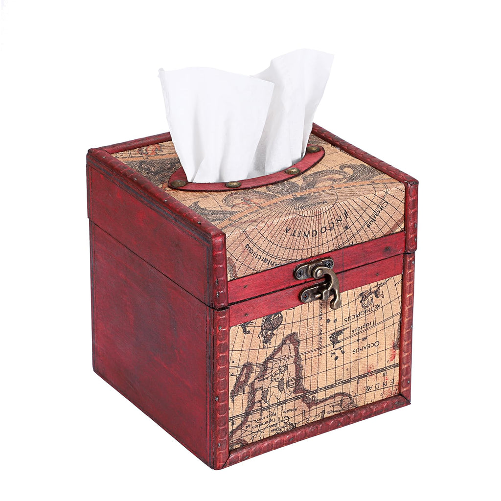 Sumnacon Wood Tissue Box Cover Square, Vintage Retro Tissue Holder, Red