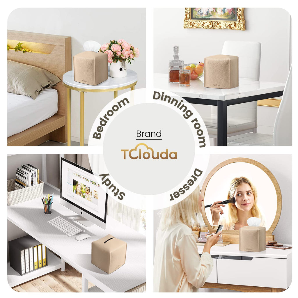 Tissue Box Cover, Tclouda, Modern PU Leather Square Tissue Box Holder for Creative Decorative, Ideal for Bathrooms/Office/Car/Nightstand/Outdoor Tent/Dining Table, 5"X5"X5", Single Beige