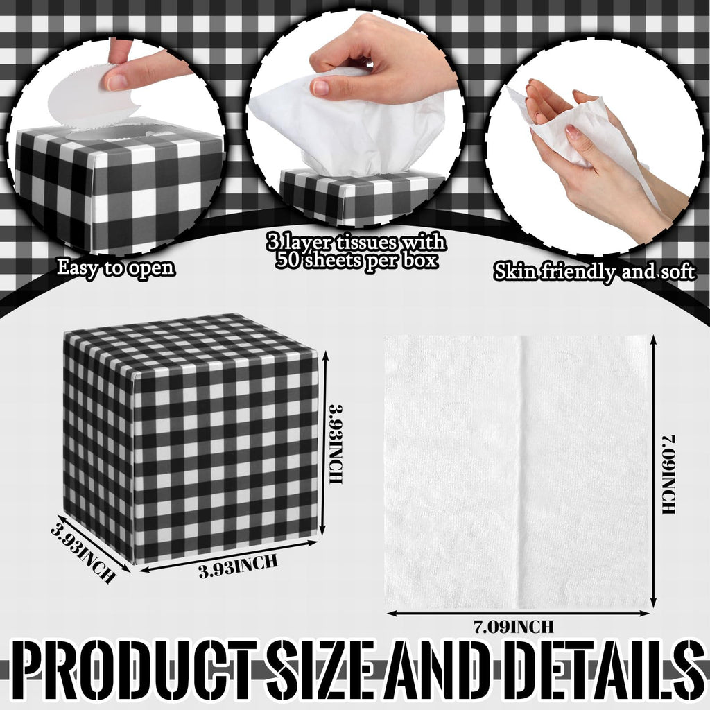 Fourluoo 12 Pack Christmas Black White Plaid Facial Tissues Cube Boxes 600 Sheets 3 Ply Small Square Tissues Bulk for Xmas Car Bedroom Supplies
