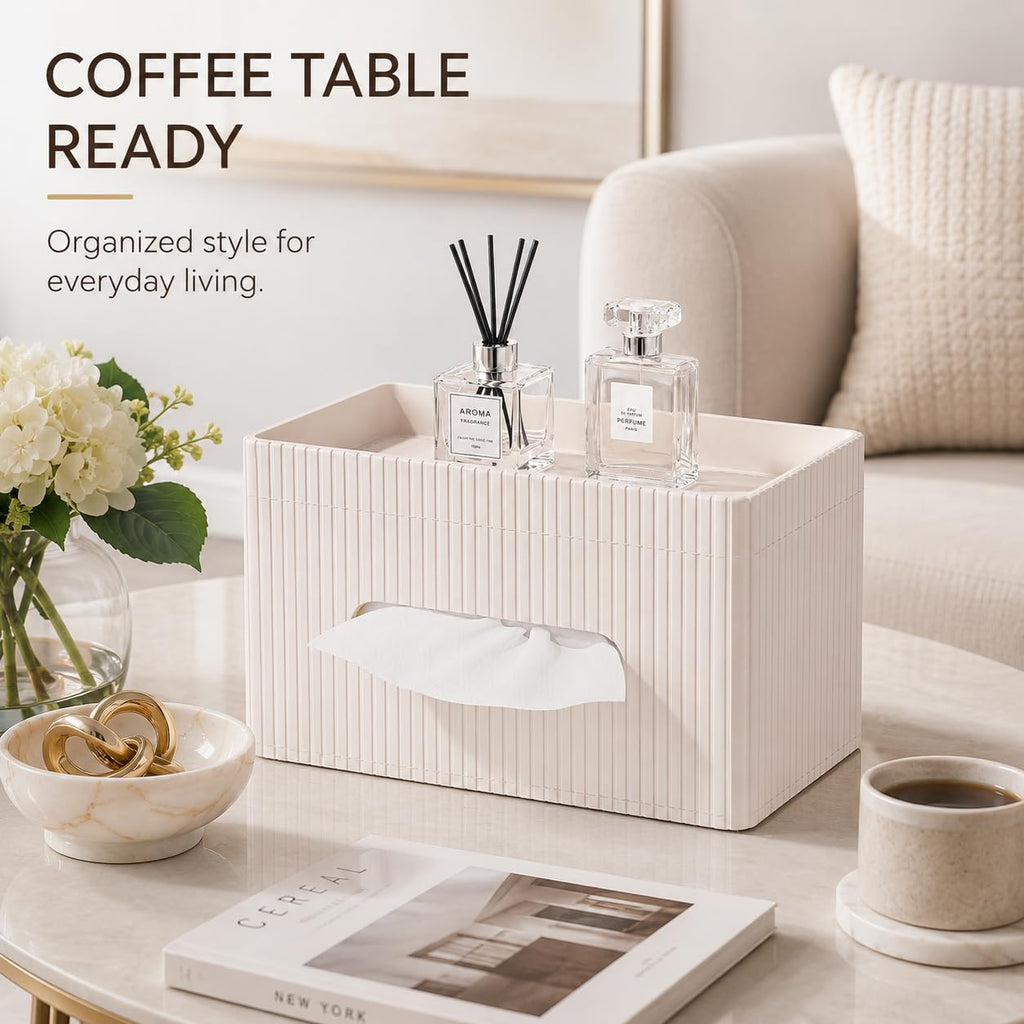 KINGFOM Ribbed PU Leather Tissue Box Cover with Storage Tray, Rectangular Facial Tissue Holder for Bathroom Vanity, Nightstand & Office Desk, Modern Decorative Tissue Dispenser (Ivory White)