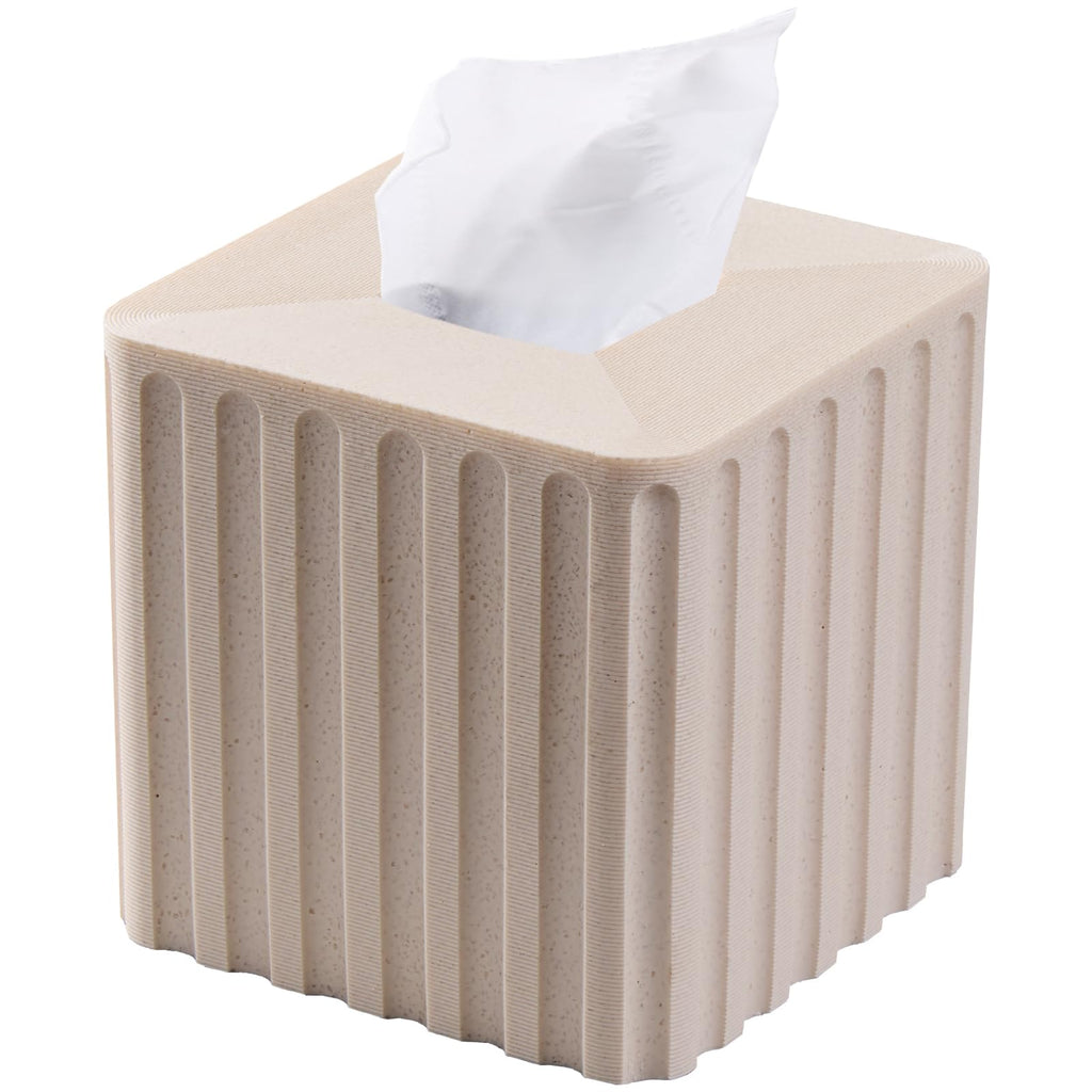Striped White Sandstone Tissue Box Cover Square for Home Decor,Resin Heavy Tissue Box Holder for Bathroom Countertop,Tabletop,Bedside Table,Office (Handmade of Resin)