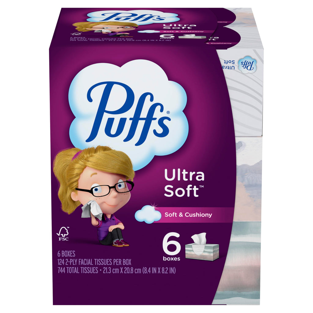Puffs Facial Tissues Ultra Soft, 24 Family Rectangle Boxes, 124 Facial Tissues per Box, Allergies and Colds (Packaging May Vary)