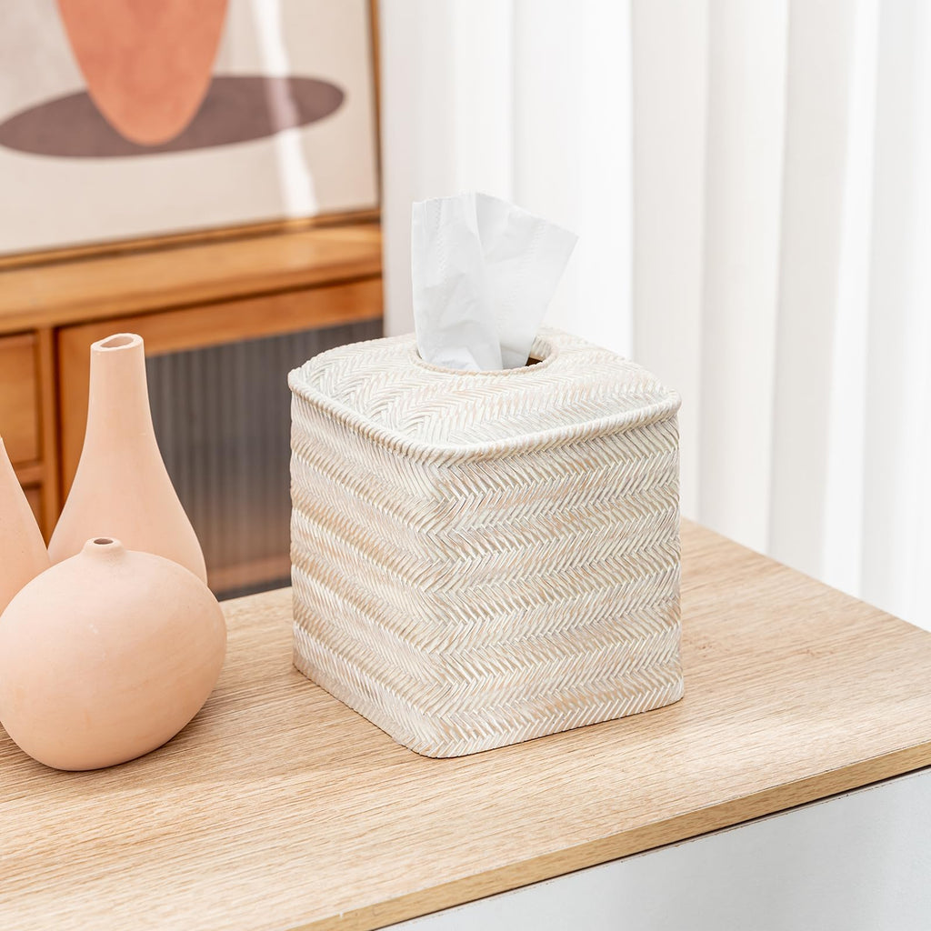 Tissue Box Cover Square Resin Tissue Holder for Home Decor,Hand Carved Wicker Tissue Box Holder,5.3 x 5.3 x 5.9 inches, Farmhouse White