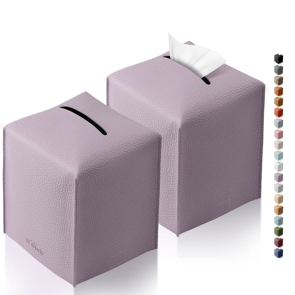 Tclouda Tissue Box Cover for PU Leather, Modern Simple Solid Color Holder Square Tissue Bag, Ideal for Bathrooms,Office,Car,Nightstand,Outdoor Tent,Dining Table,5"X5"X5", Double Purple