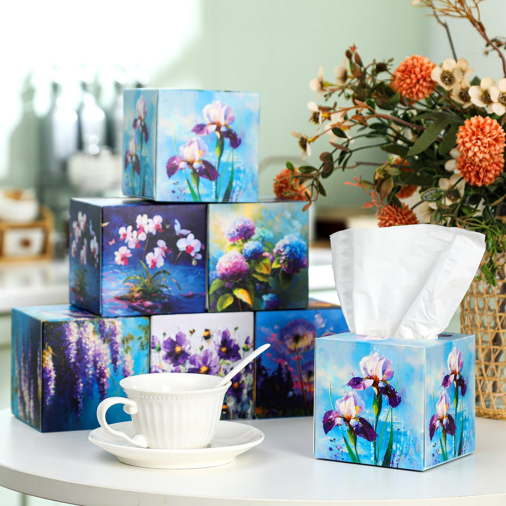 Fourluoo 12 Pack Purple Flowers Facial Tissues Cube Boxes 600 Sheets 3 Ply