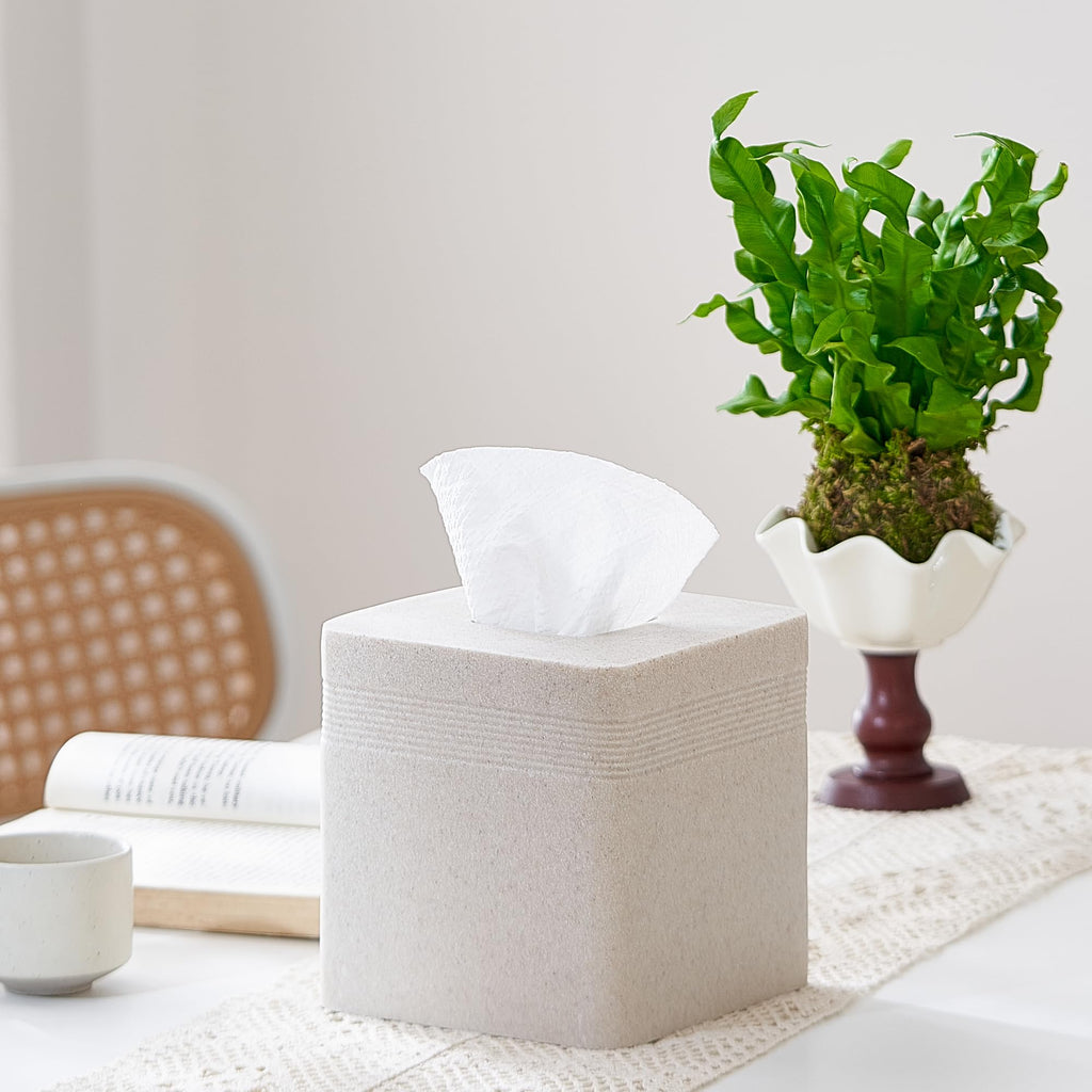 Sand Stone-Look Square Tissue Box Cover, Luxury Beige Cube Tissue Box Case