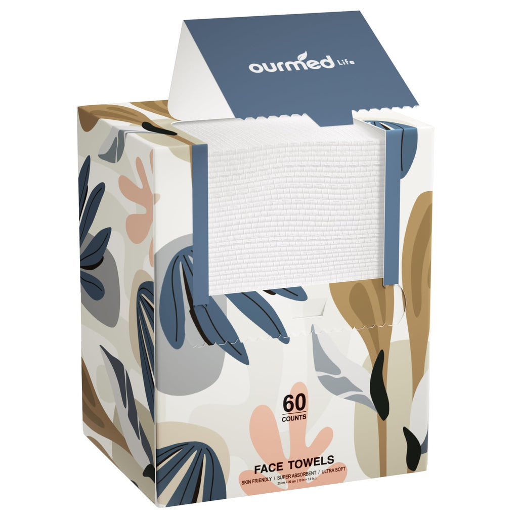 Ourmed Life Disposable Face Towels, 7.9 x 10 in Facial Towels, 60 Count | Clinically Tested, Reduce Redness, Skin Soothing, Sensitive Skin friendly, Biodegradable, Skincare, Women Cleansing,Absorbent