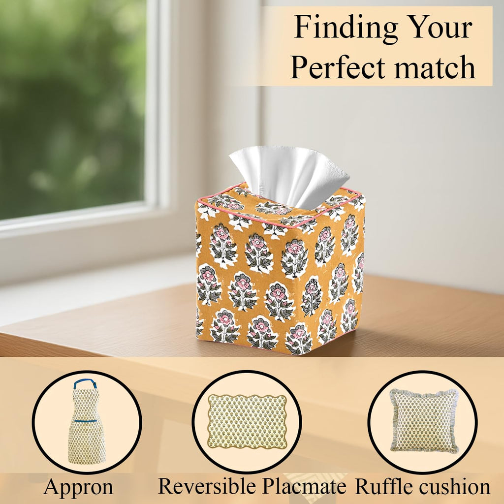 CPC 100% Cotton Piping Block Print Tissue Box Cover, Citrine Yellow