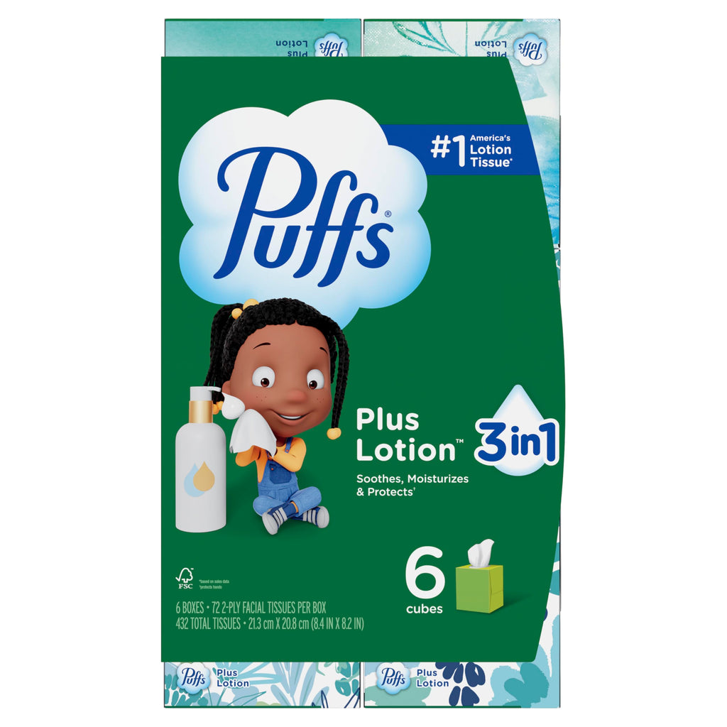 Puffs Facial Tissue Plus Lotion, Mega Cube Box, 72 Tissues Per Box, 6 Count