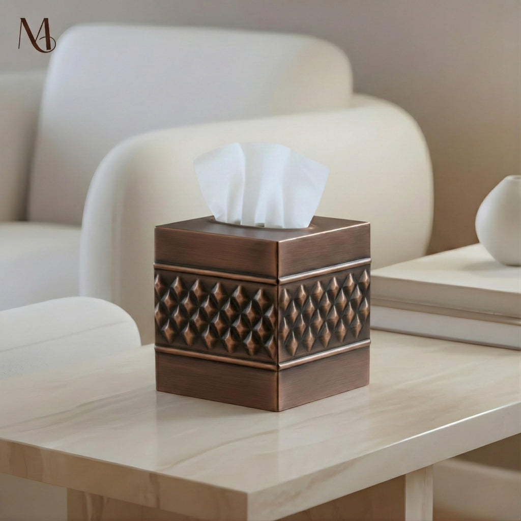 Monarch Abode Tissue Box Cover Square – Handcrafted Geo Embossed Antique Copper Finish Metal Tissue Holder Box for Bathroom Accessory, Aesthetic Decorative Facial Napkin Cube for Modern Home Décor