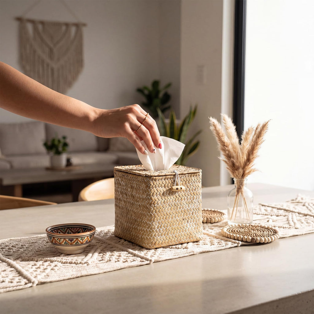 Thyle 2 Pcs Tissue Box Cover Square Seagrass Tissue Box with Lid, Woven Napkin Holder Rustic Cube Boho Whitewashed Paper Case for Bathroom Toilet Bedroom Living Room Kitchen Table Desk Office Car