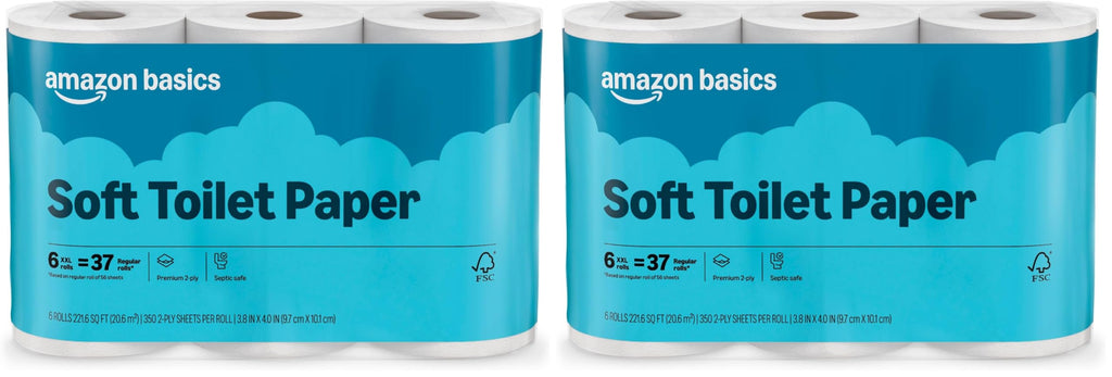 Amazon Basics 2-Ply Toilet Paper, 12 Mega Rolls (Equal to 48 Regular Rolls), 350 Sheets per Roll, Unscented, Septic Safe