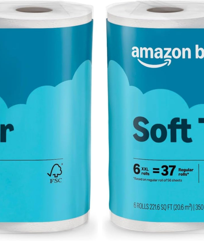 Amazon Basics 2-Ply Toilet Paper, 12 Mega Rolls (Equal to 48 Regular Rolls), 350 Sheets per Roll, Unscented, Septic Safe