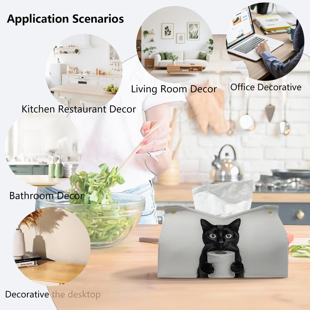 PaJiaNi Cute Black Cat Leather Tissue Box Cover for Bathroom Decor,Fun Cat Toilet Paper Box Holder,Funny Decorative Facial Paper Case for Living Room Bathroom Office Desk,9.8x5.9x5.9In