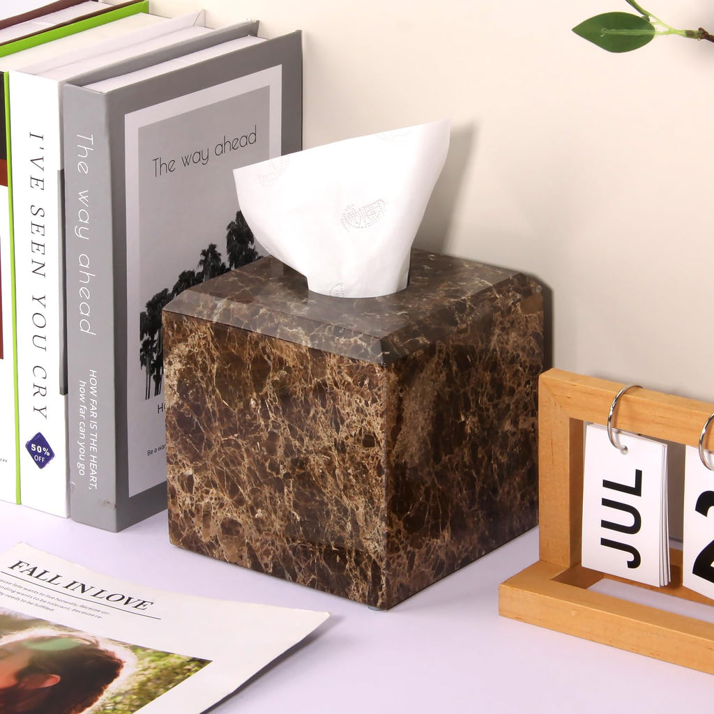 Natural Marble Square Tissue Box Cover,Stone Modern Decorative Sturdy Napkin Box Holder Case,Facial Paper Organizer for Bathroom Vanity Toilet Countertop,Kitchen (1, Dark Brown, 5.71 * 5.71 * 5.51)