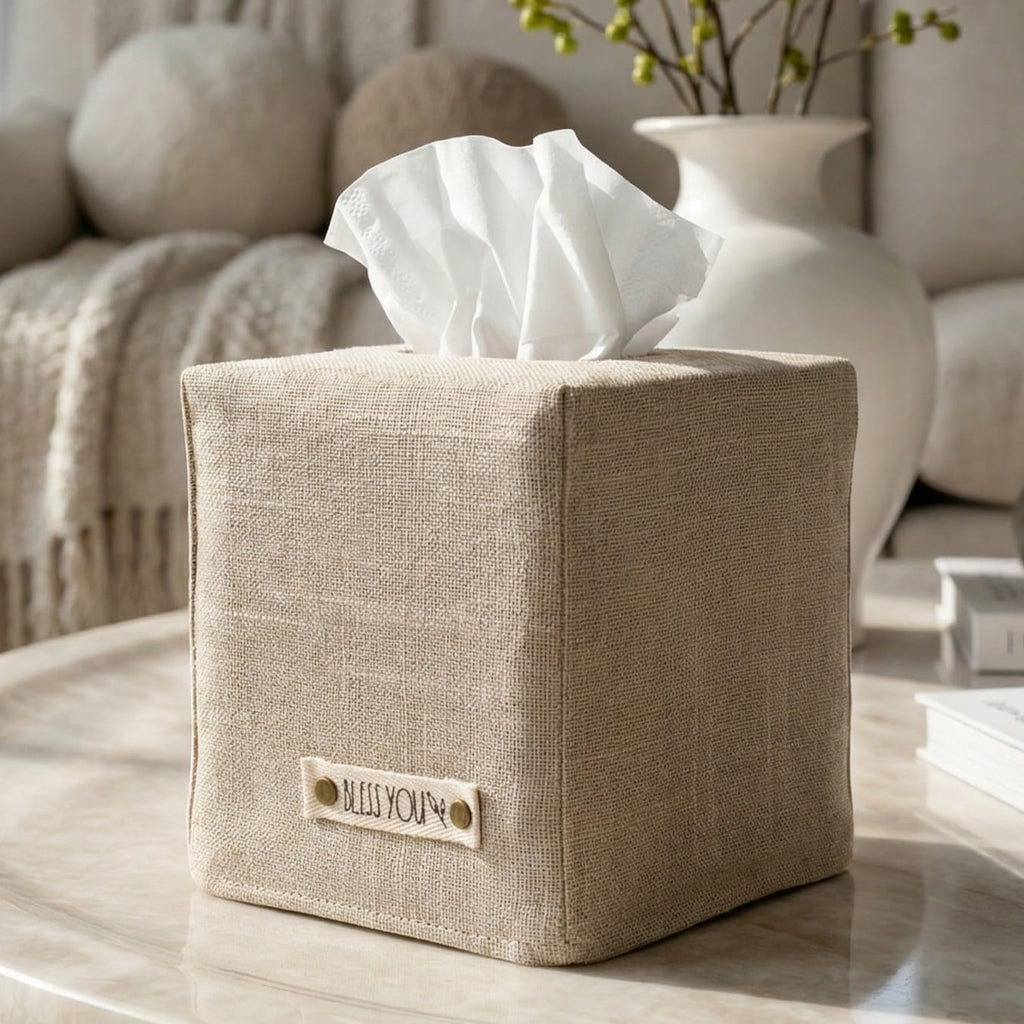 Stylish Tissue Box Cover - Beige Linen Holder for Square Tissue Boxes