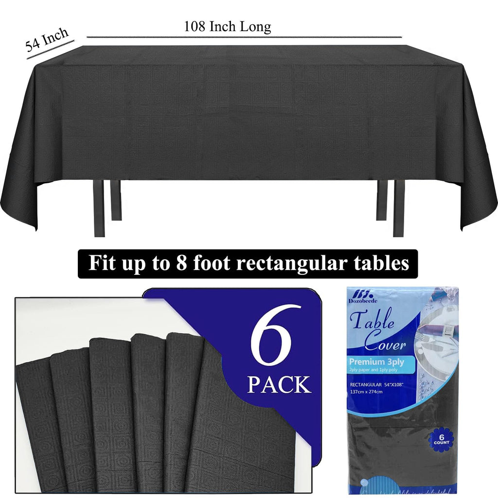 Dozobeede [6 Pack] Black Paper Tablecloth Disposable for Rectangle Tables, 54 X 108 Inch Party Table Cover with Plastic Backing, Waterproof 3 Ply Table Cloth for Halloween Labor Day Banquet