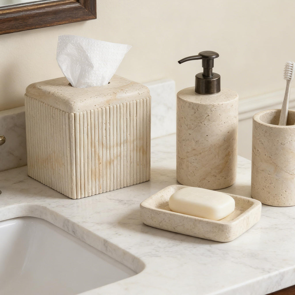 Travertine Stone-Look Ribbed Square Tissue Box Cover for Modern Home Decor