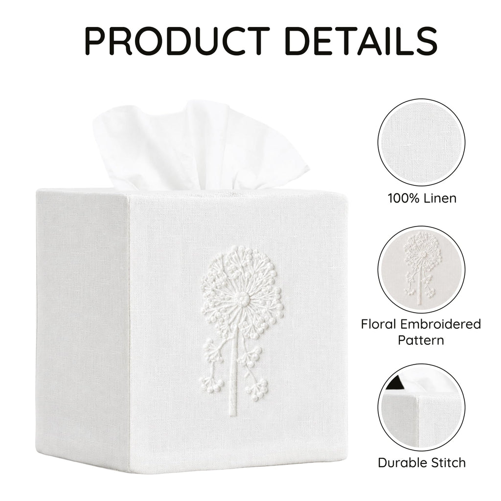 EmbroideryLinen.VN Square Tissue Box Cover Set of 2, White Dandelion