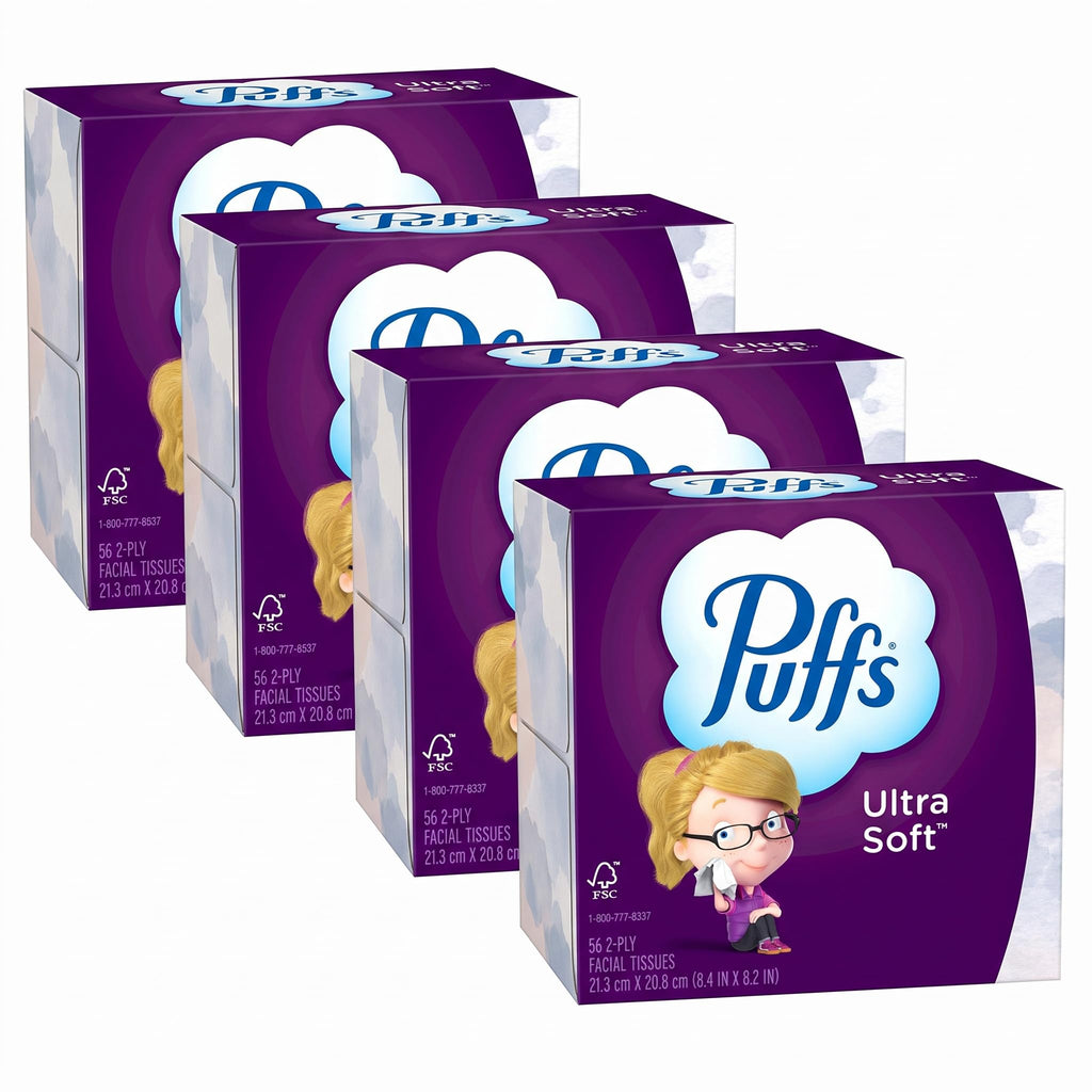 Puffs Ultra Soft Facial Tissues, 1 Cube, 56 Facial Tissues Per Box (Pack of 4)