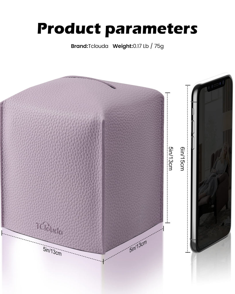 Tclouda Tissue Box Cover for PU Leather, Modern Simple Solid Color Holder Square Tissue Bag, Ideal for Bathrooms,Office,Car,Nightstand,Outdoor Tent,Dining Table,5"X5"X5", Double Purple