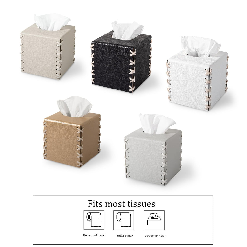 Tissue Box Cover PU Leather Tissue Holder Square Decorative Home Decor Cube Boxes for Bathroom, Kitchen, Nightstand, Office Desk Essentials, Light Gray
