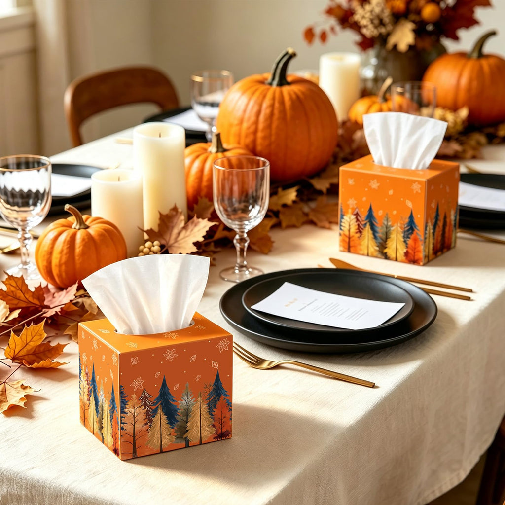 Whaline 12Pcs Fall Facial Tissues Cube Boxes Boho Autumn Trees Maple Leaves Square Tissue Box Cover with 600 Sheets Napkins for Harvest Thanksgiving Home Car Accessories