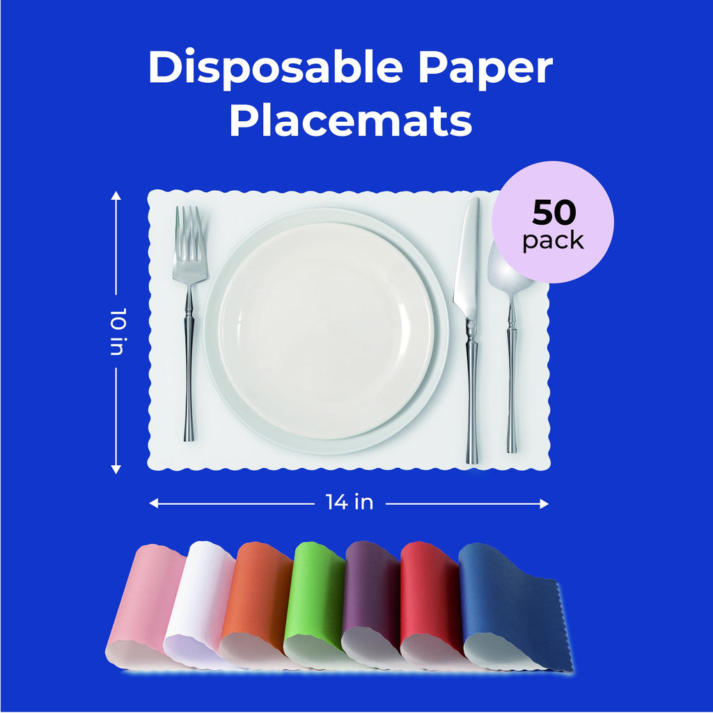 Fit Meal Prep 50 Pack Disposable Paper Placemats, 14 x 10 Inch White with Decorative Wavy Scalloped Edge for Restaurant Catering Dining Table, Baby Kids Birthday Parties