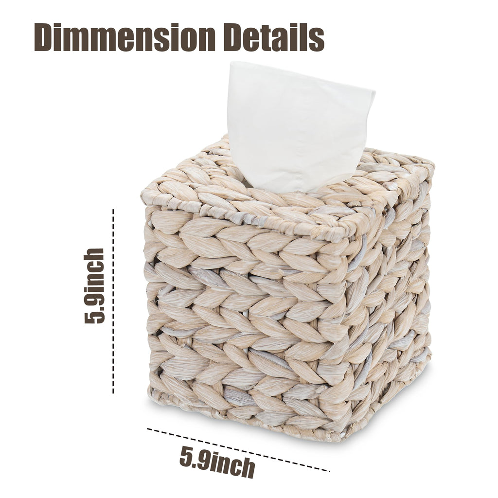 Set of 2 Water Hyacinth Handwoven Tissue Box Cover, Handcrafted Square Facial Tissue, Natural Handmade Wicker Napkin Box Holder, Rustic Decorative on Bathroom, Table, Office, Boho Decorative,Whitewash